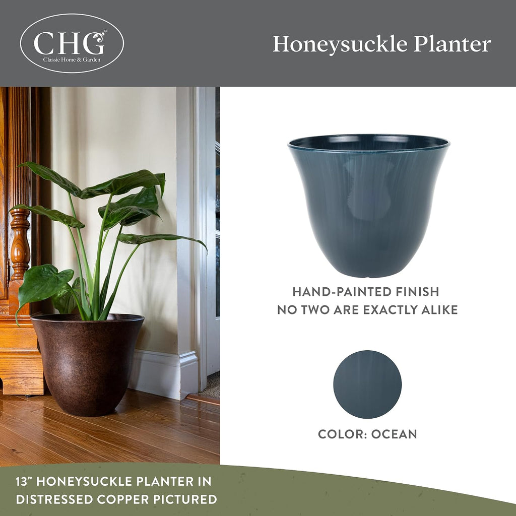 Honeysuckle Resin Planter, Durable Garden Pot, 13" Ocean Blue | Hand-Painted Finish Plant Pots, Lightweight Indoor