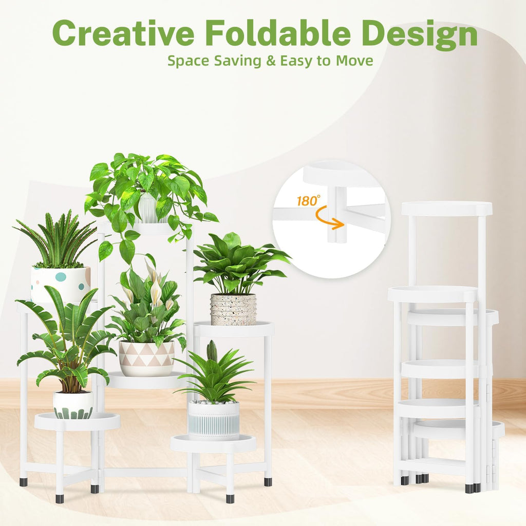 iDavosic.ly 6 Tier Folding Plant Stand Indoor Outdoor, Plastic Tray, White | Space Saving Tiered Corner Storage Display