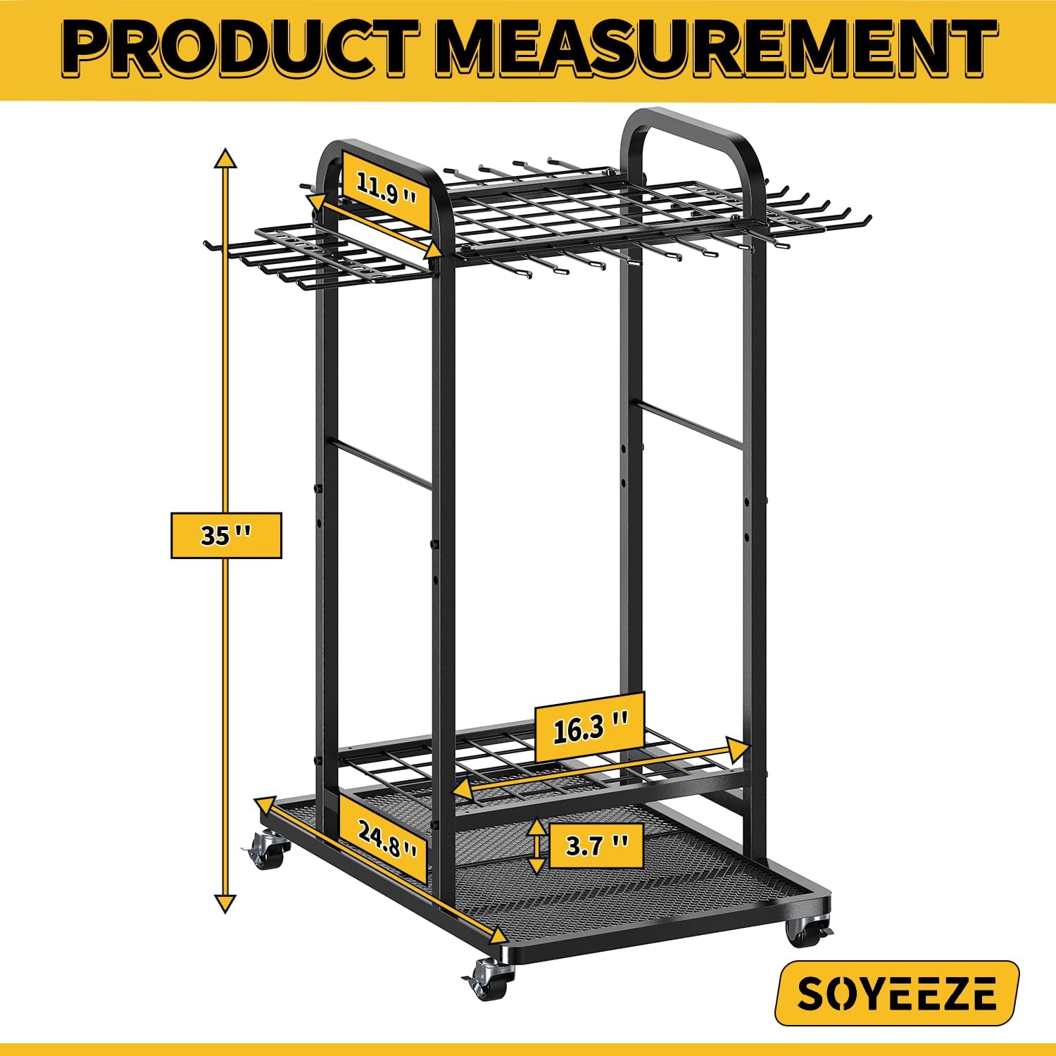 SOYEEZE Garden Tool Organizer with Lockable Wheels, Heavy Duty 3-Tier Yard Tower Tool Rack for Garage, Holds Up to 35