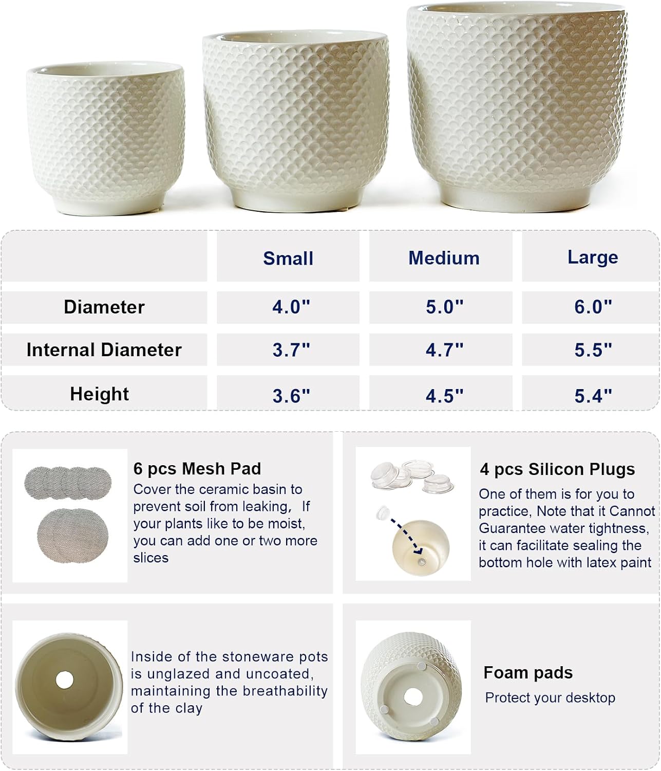 4 + 5 + 6 Inch Ceramic Pots for Indoor Plants, Succulents Plant Pots, Orchid Flower Pot with Drainage Hole, Modern Clay