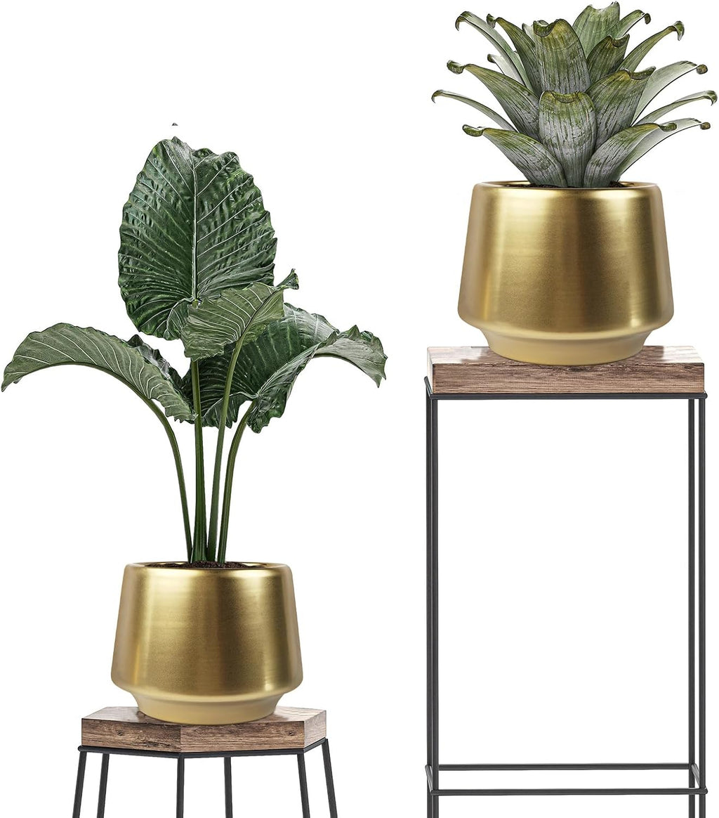 Gold Indoor Plant Pot 7 Inch Large Ceramic Planter With Drainage Hole - Modern Brass Flower Pot Centerpiece Vase