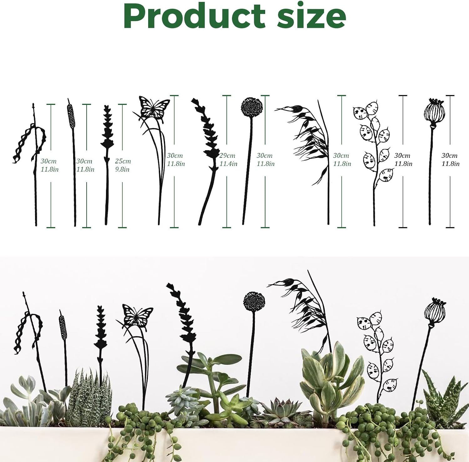 9-Piece Black Metal Butterfly Meadow Garden Stake Set | Heights from 9.8 to 11.8 in, slim push-in silhouettes for pots
