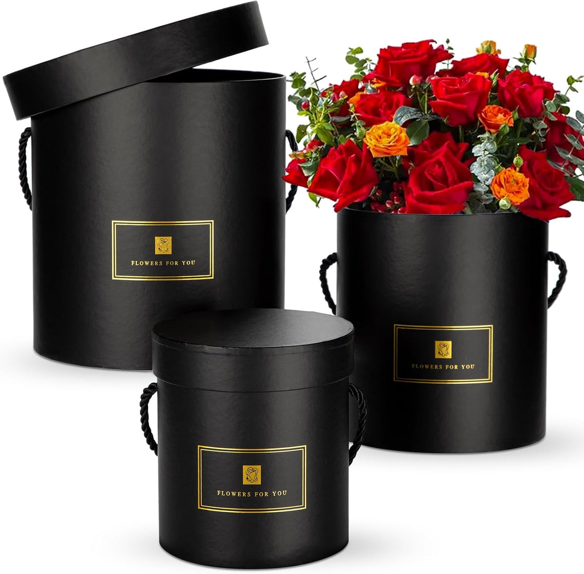 Hollyone Black Gift Box with Lids Set of 3 Round Nesting Gift Boxes Cylinder for Presents 3 Assorted Sizes Flowers Arrangements Boxes for Gift Giving Holiday Valentine Mom Gifts Present Wrapping