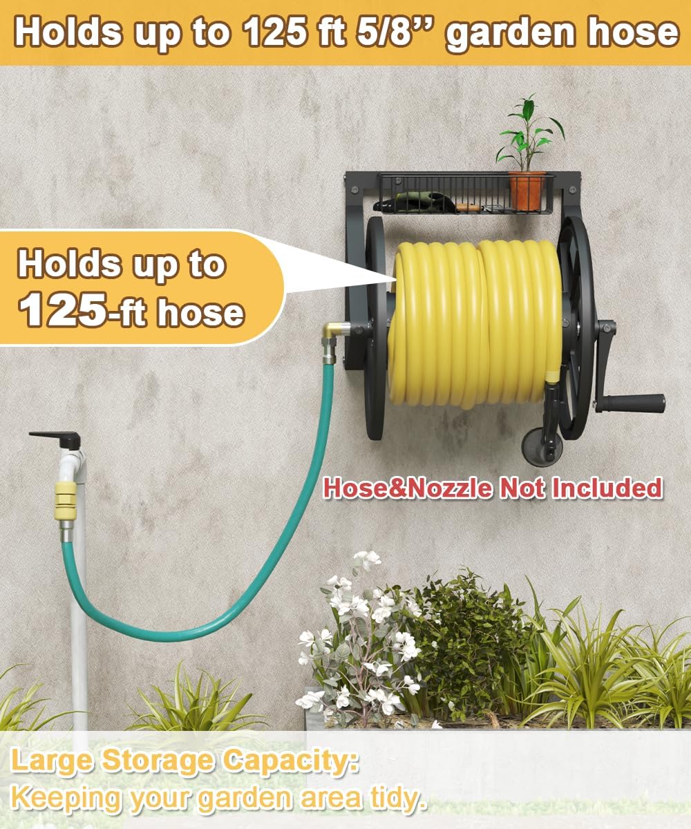 Triangle Wall Mounted Garden Hose Reel, Outdoor Heavy-Duty Water Hoses Holder Winder, Holds 125 Ft of 5/8-Inch Hose