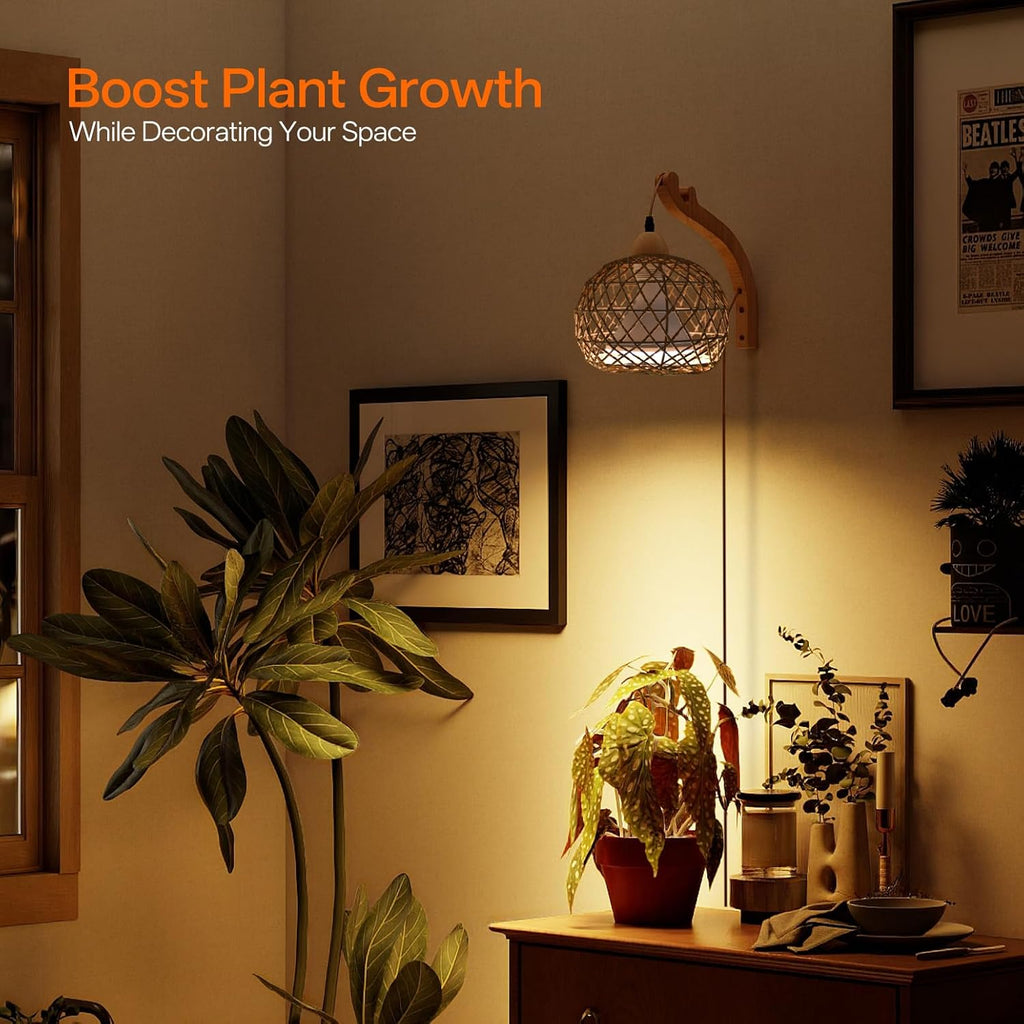 Hanging Grow Lights for Indoor Plants,3800K | 18W Wall-Mounted Decorative Grow Light with Boho Rattan Lantern Shade