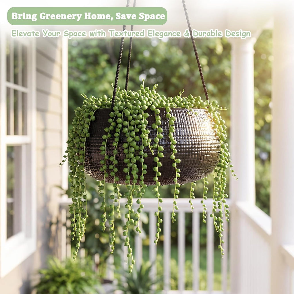 8 Inch Hanging Planter for Indoor Plant, Ceramic Black Flower Pot | Modern Textured Design, Drainage Hole, for Indoor