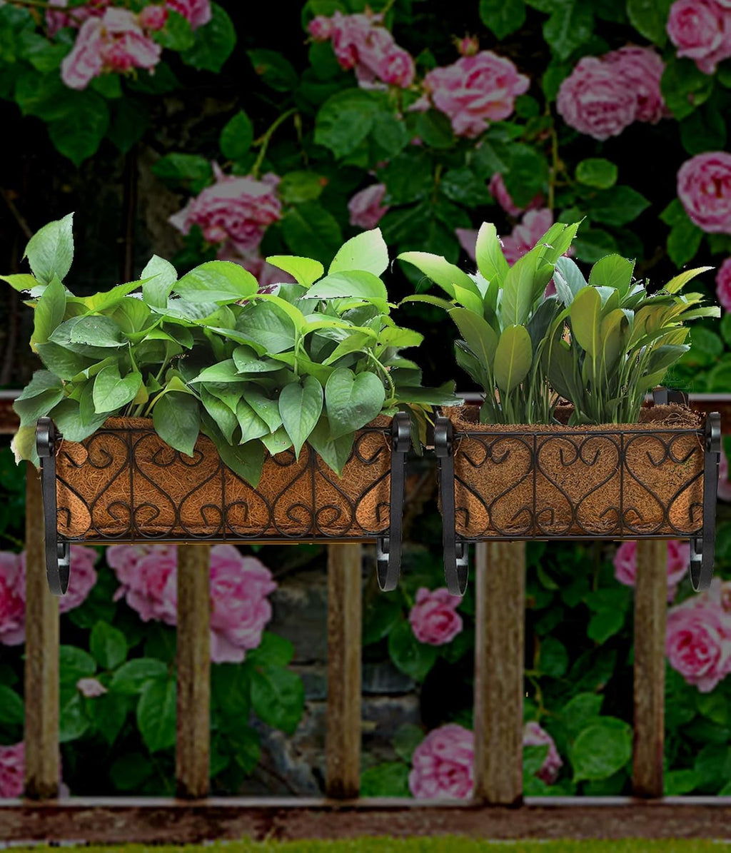 MorTime Iron Hanging Flower Rack Basket Shelf with Hooks, Railing Flower Pots Holder Black Metal Decorative Railing