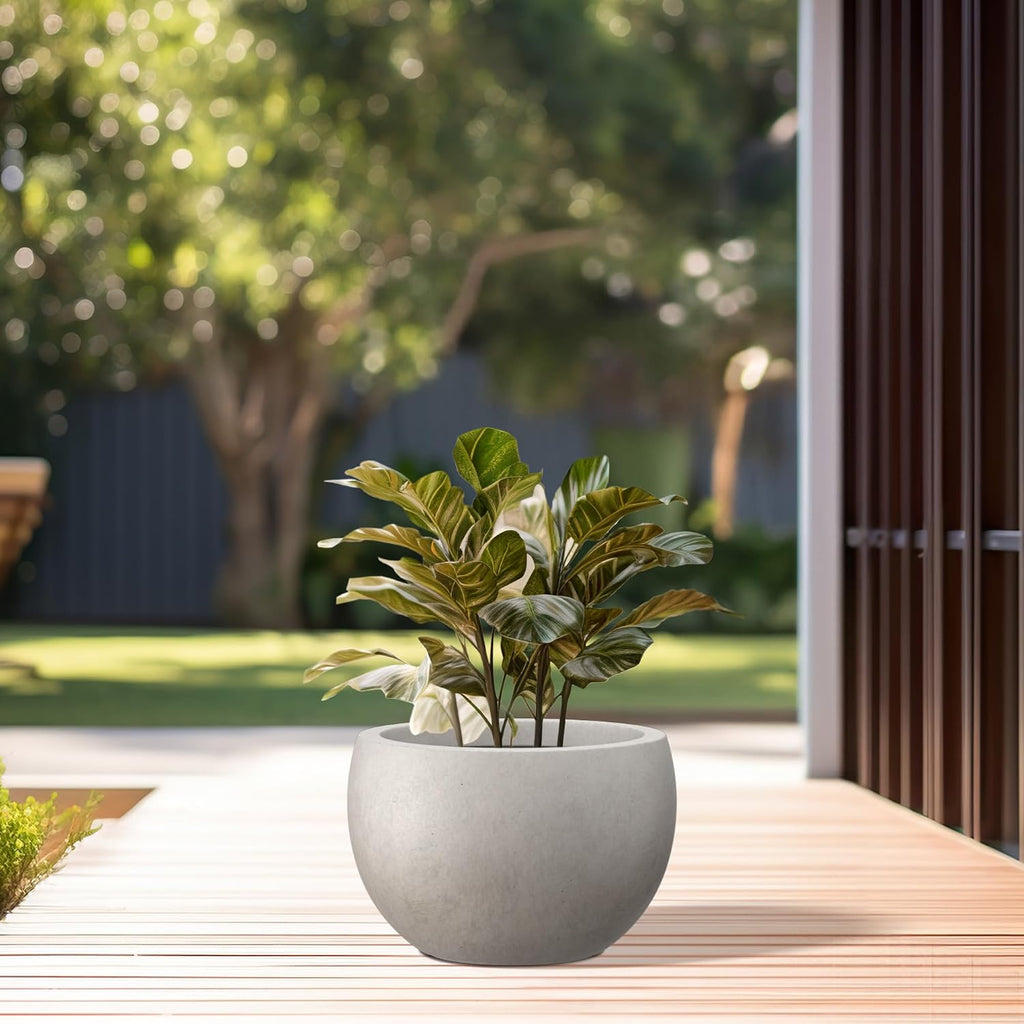 Kante Small Round Bowl Weathered Concrete Planter 11.8" Dia, Outdoor | Rubber Plug for Indoor, Drainage for Garden