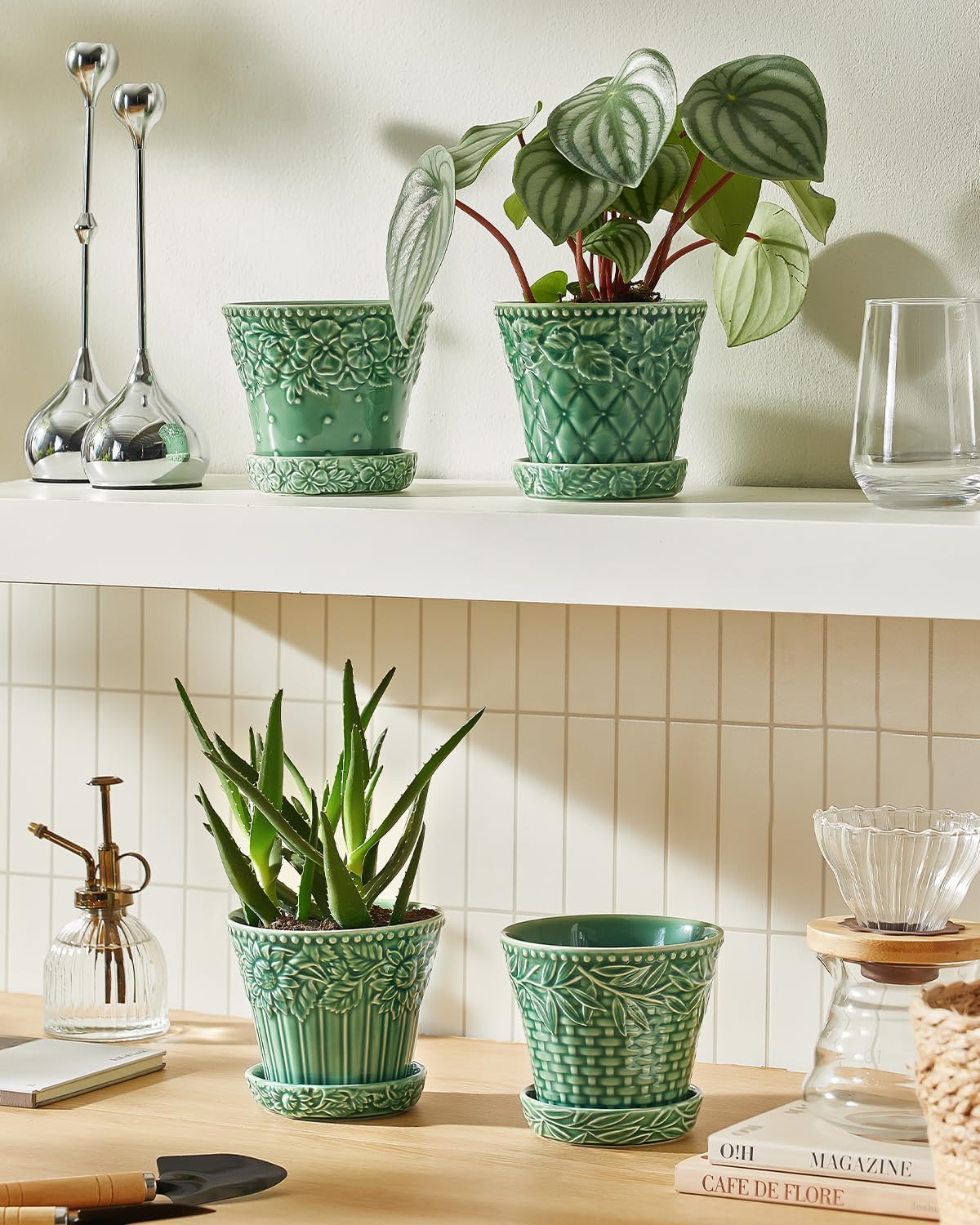 Metahom Ceramic Plant Pots, 4.9 Inch Flower Pots with Drainage Hole & Saucer, Decorative Planter Pots for Indoor