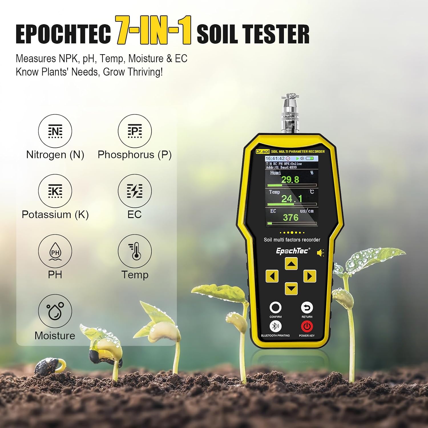7 in 1 Soil Tester, Digital NPK Tester, Soil Test Kit ±1% High Precision | with Soil PH Meter/Moisture/Temperature/EC