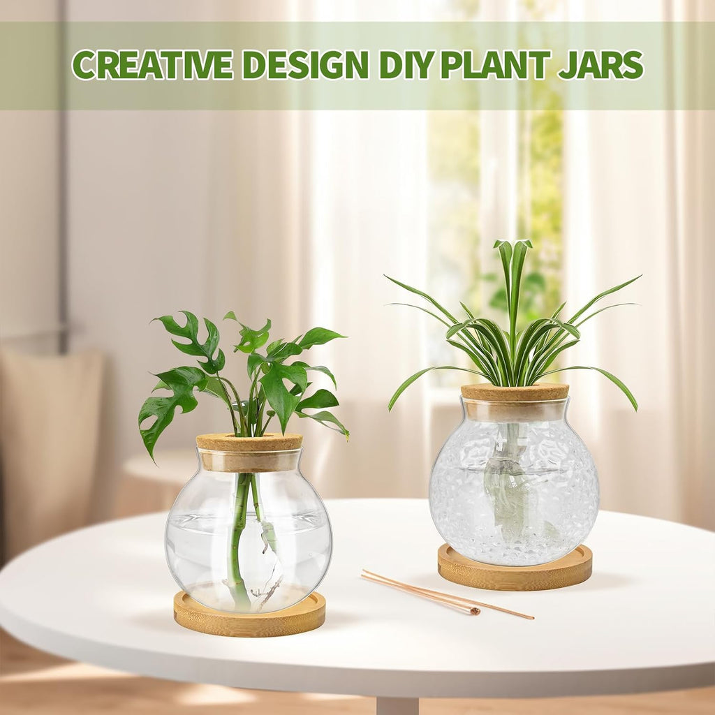 Plant Propagation Station, Water Planting for Plants with Tray & Wooden Saucer, Hydroponics Plants Jars Home Office