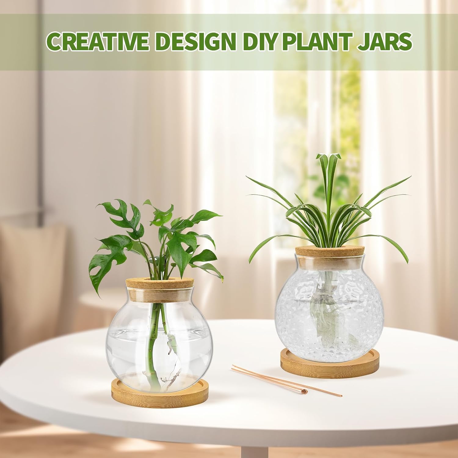 Plant Propagation Station, Water Planting for Plants with Tray & Wooden Saucer, Hydroponics Plants Jars Home Office