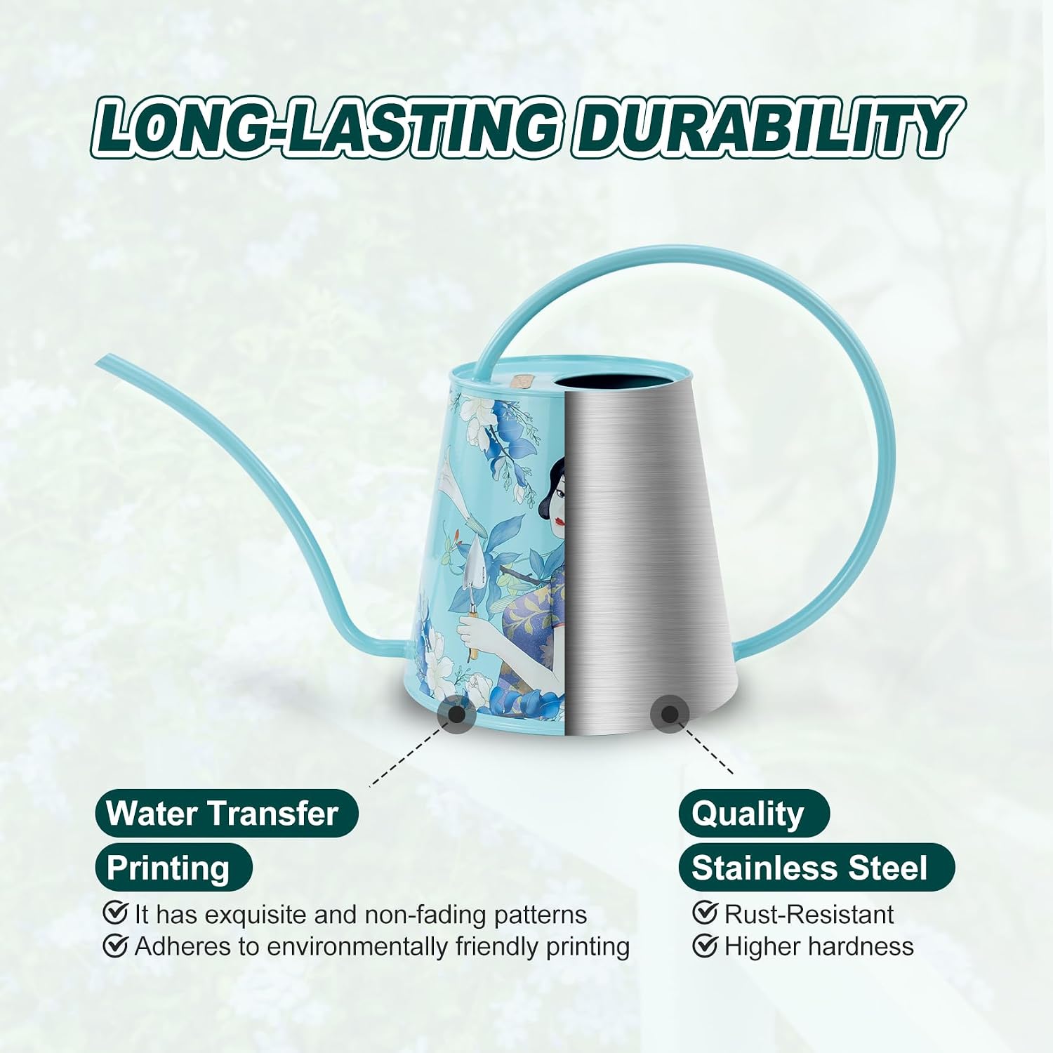Berry&Bird 2L Long Spout Watering Can, Stainless Steel Water Can (Magnolia) | 2L stainless steel watering can, long