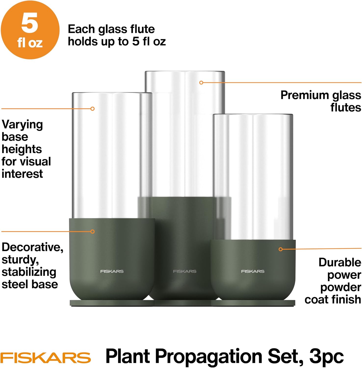 Fiskars Plant Propagation Set, Glass Vase Hydroponic Growing System, 3-Pack | Metal Stands for Root Cuttings