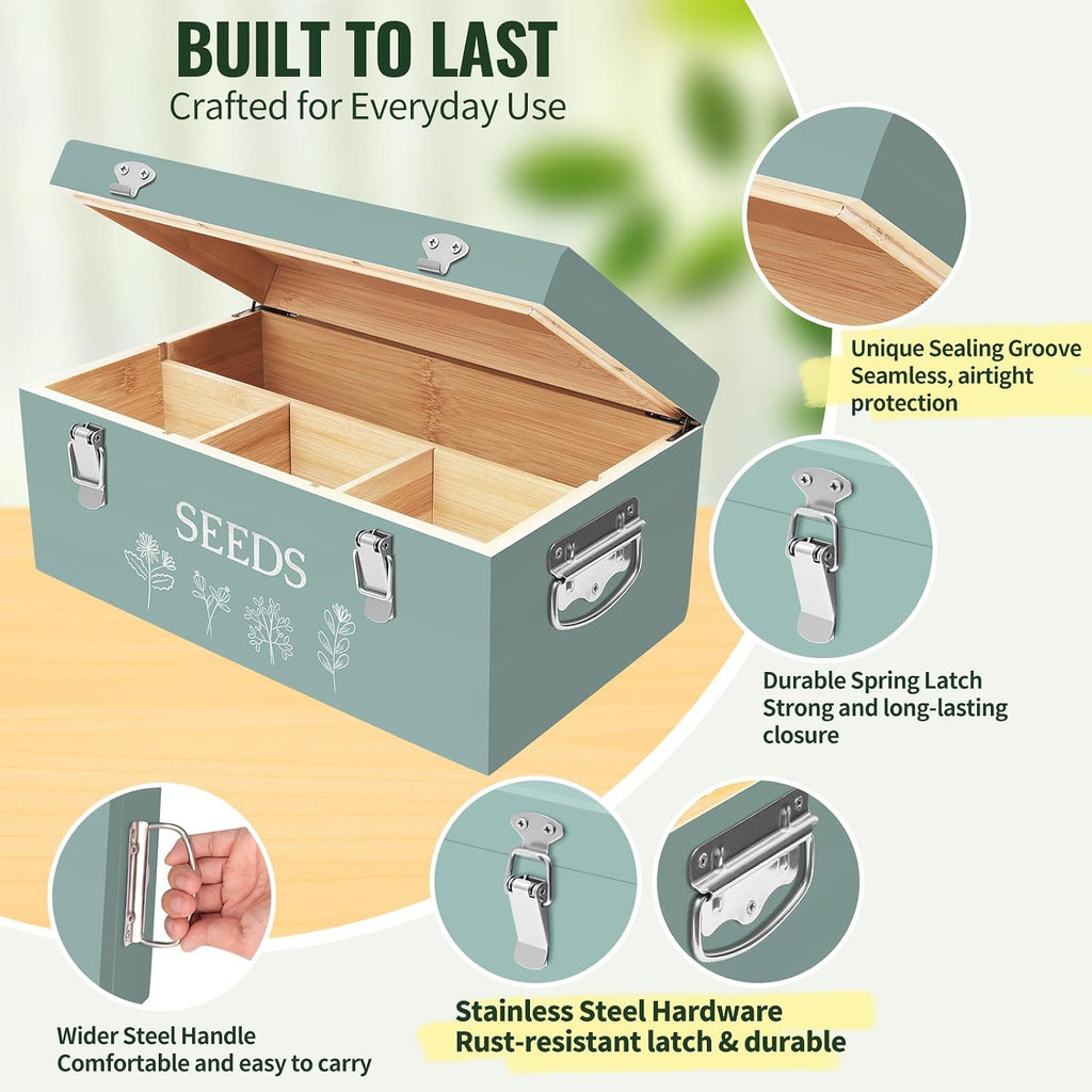 Large Bamboo Wood Seed Storage Organizer Box with Lid, Double-Layer Seal Design Seed Saving Box with 304 Stainless