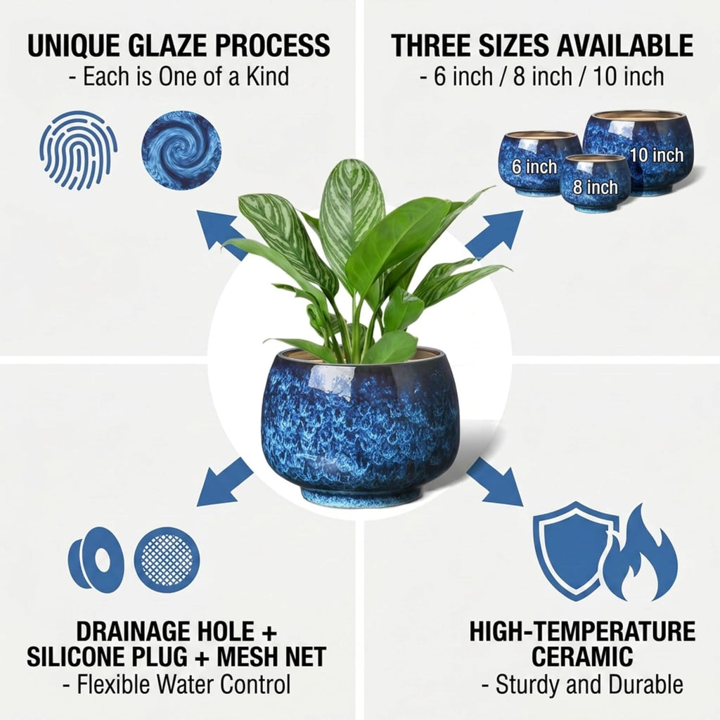 BUYMAX Ceramic Plant Pots Set of 3, 6 & 8 & 10 Inch Indoor Planters | Three Sizes For Different Plants and Spaces