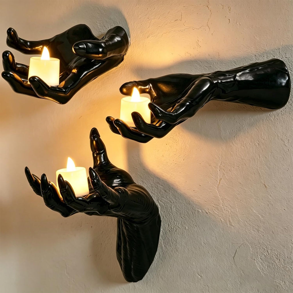 Halloween Wall Decor, 3 PCS Gothic Hands with LED Candles, Scary Decoration