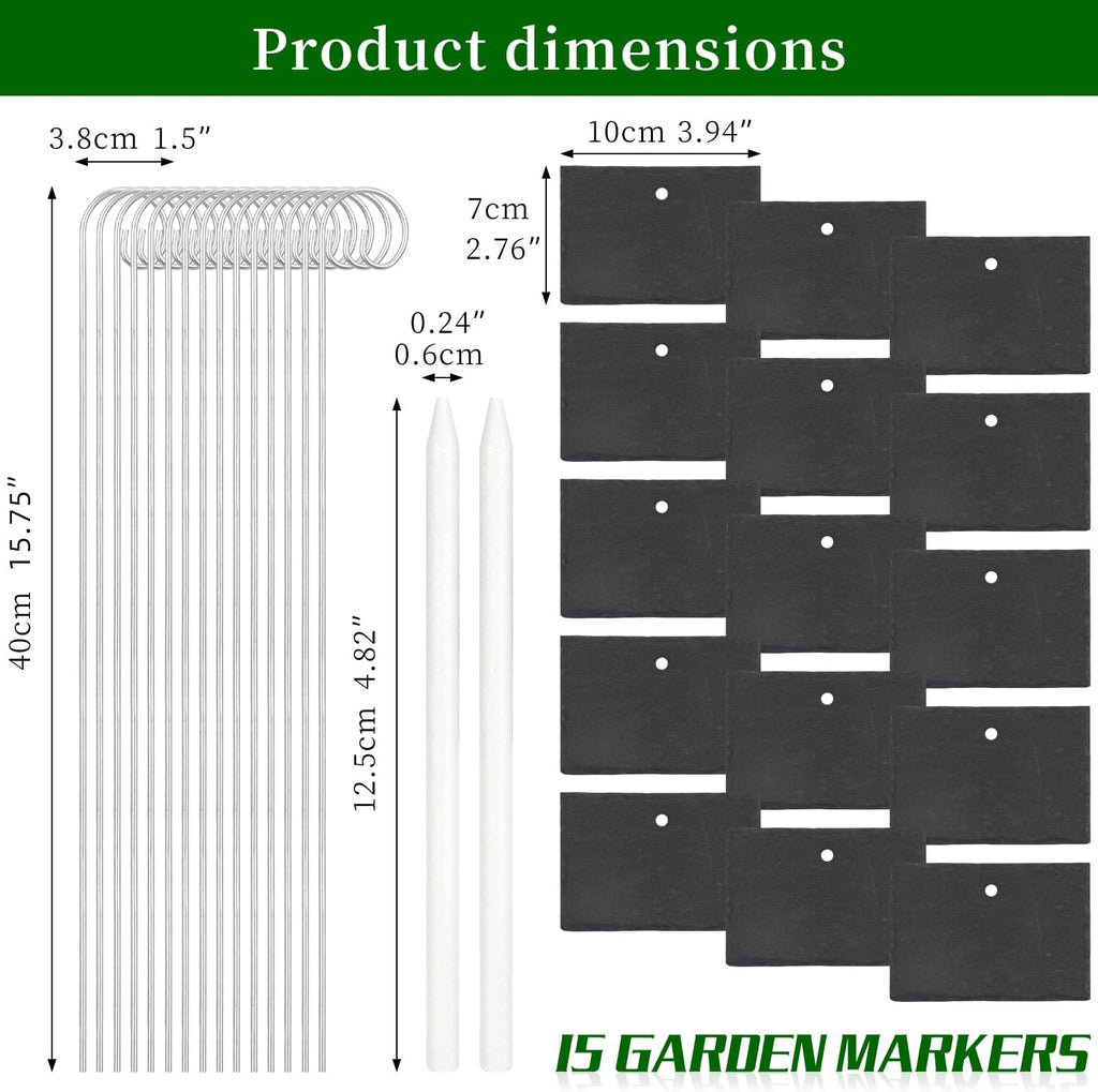 15 Pcs Slate Plant Labels with Chalk Pencils, Rectangular | Outdoor Garden Marker Label Signs, With Stakes, For Plants