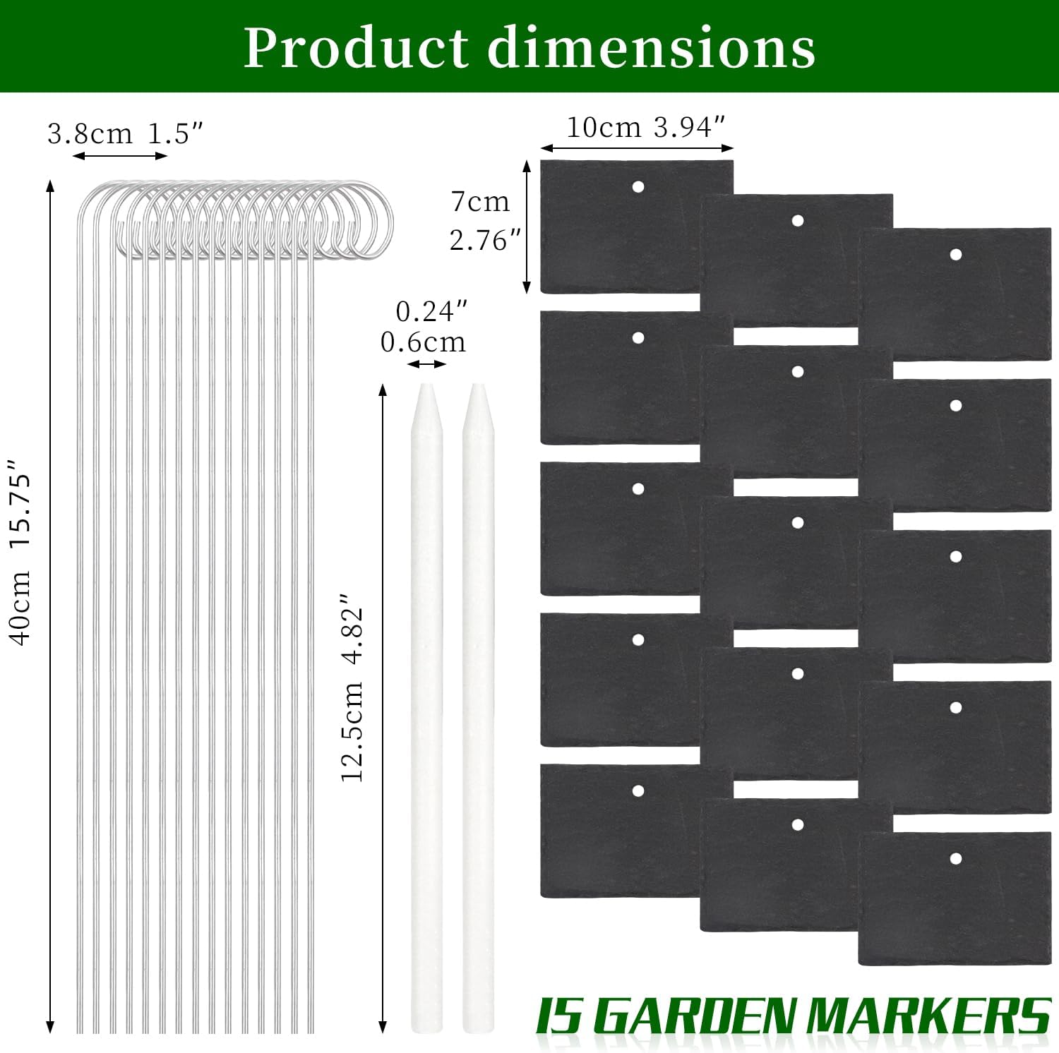 15 Pcs Slate Plant Labels with Chalk Pencils, Rectangular | Outdoor Garden Marker Label Signs, With Stakes, For Plants