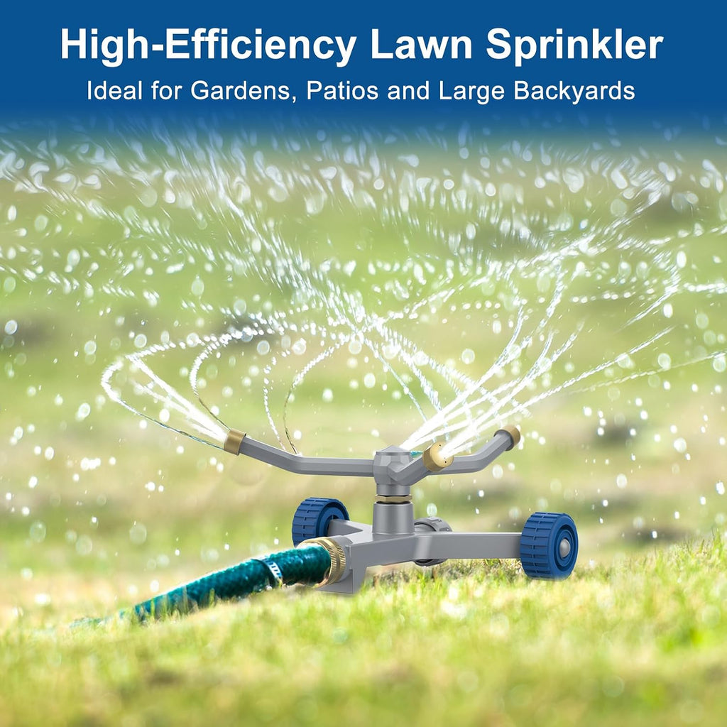 Sprinklers for Yard, 3-Arm Metal Sprinkler with Wheel Base, 360-degree Automatic Rotary Lawn Sprinkler System for