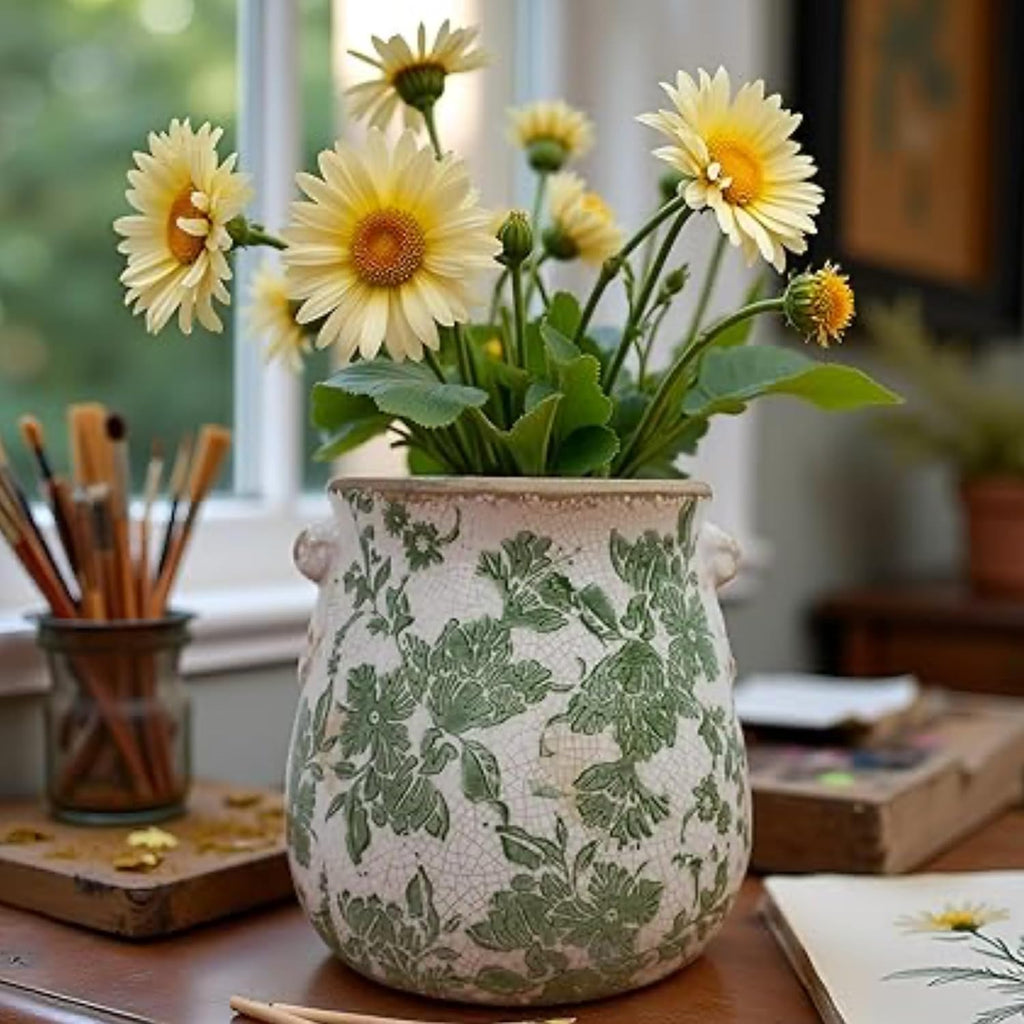 Vintage Green and White Ceramic Floral Vase Planter, Rustic Crackle Glaze Pottery Jar, Hand-Painted Floral Pot Design