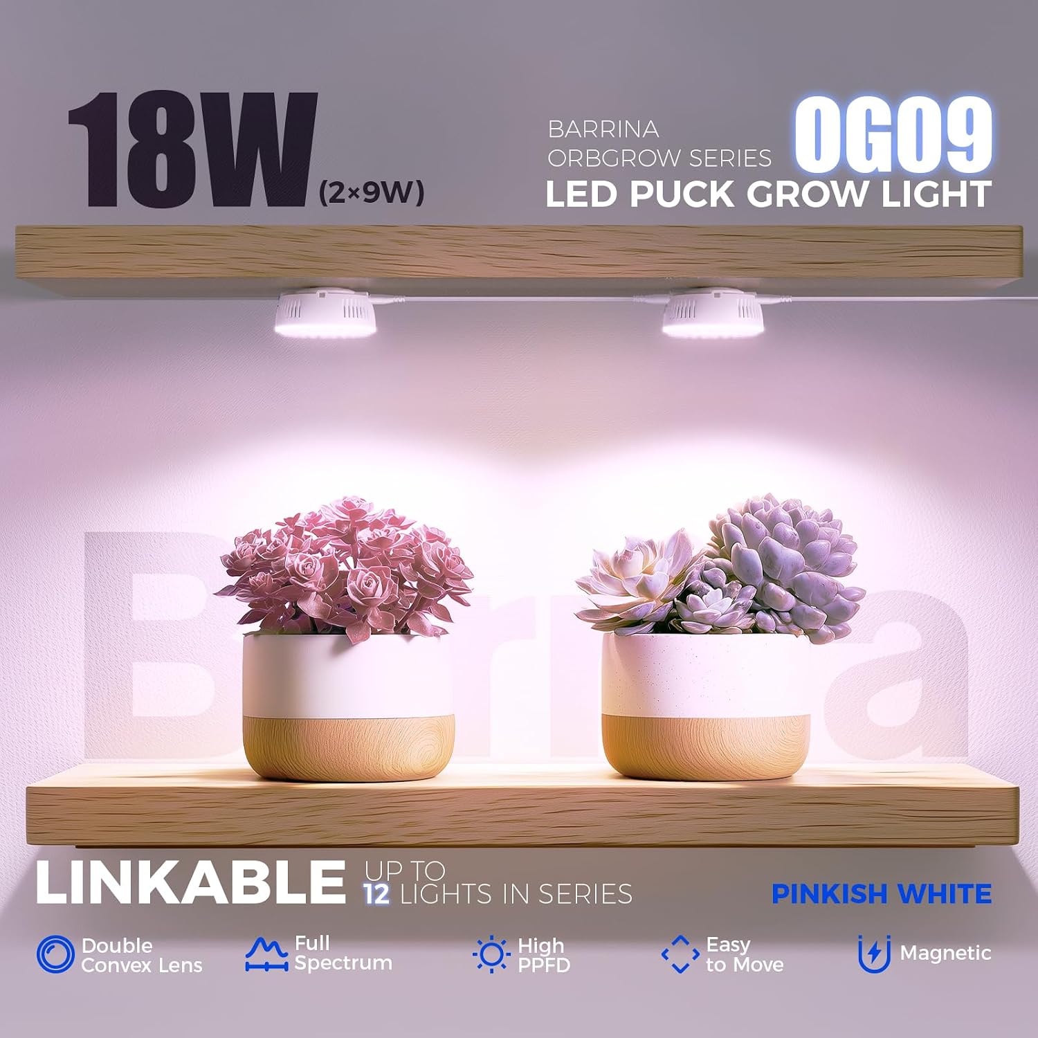Barrina OG09 Grow Light, 18W(2 x 9W), Pinkish White, Timer, 2 Packs | Full Spectrum Plant Light for Indoor Plants
