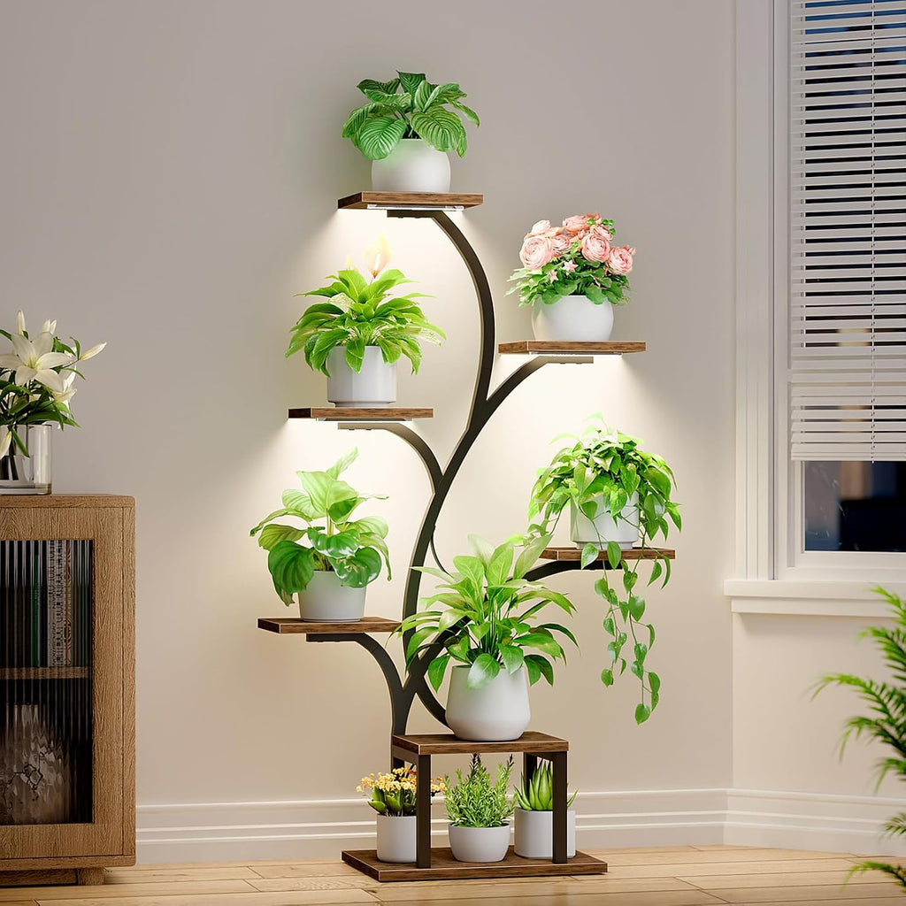 BACEKOLL Plant Stand Indoor with Grow Light, 7 Tier 49" Lighted Plant Shelf | Tree-Shaped Tall Holder with Full