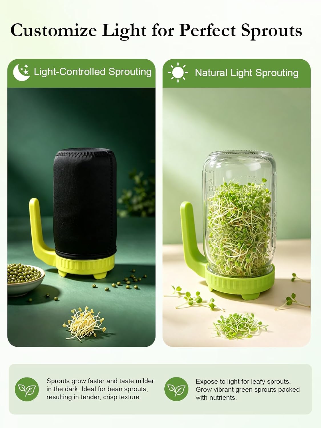 Sprouting Jar Kit,Broccoli Sprouts Growing Kit 2 Pack, 32oz | 304 Steel Sprouting Tray,Silicone Tongs,Blackout