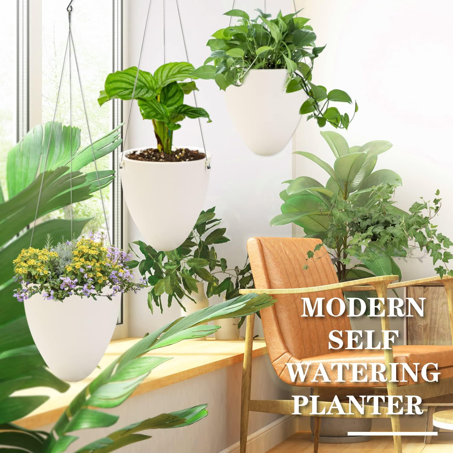 Sungmor 3 Pack Plastic Self Watering Hanging Planters - Eggshell Shape | Indoor Outdoor Hanging Pots for Plants, Modern