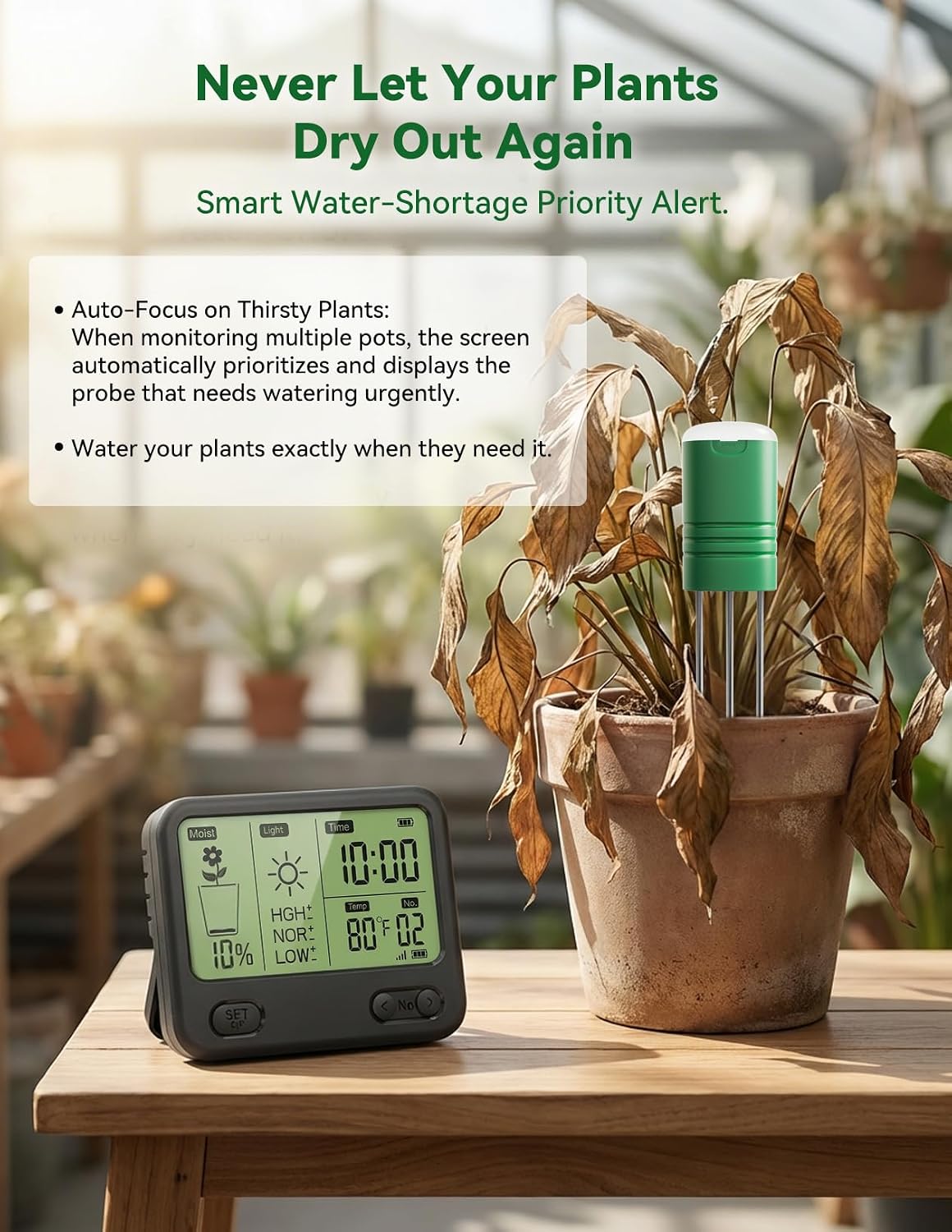 Nexuslab Wireless Soil Moisture Meter with LCD Receiver – 3‑Probe 3‑in‑1 Sensor (Moisture, Temperature, Light), 230 ft