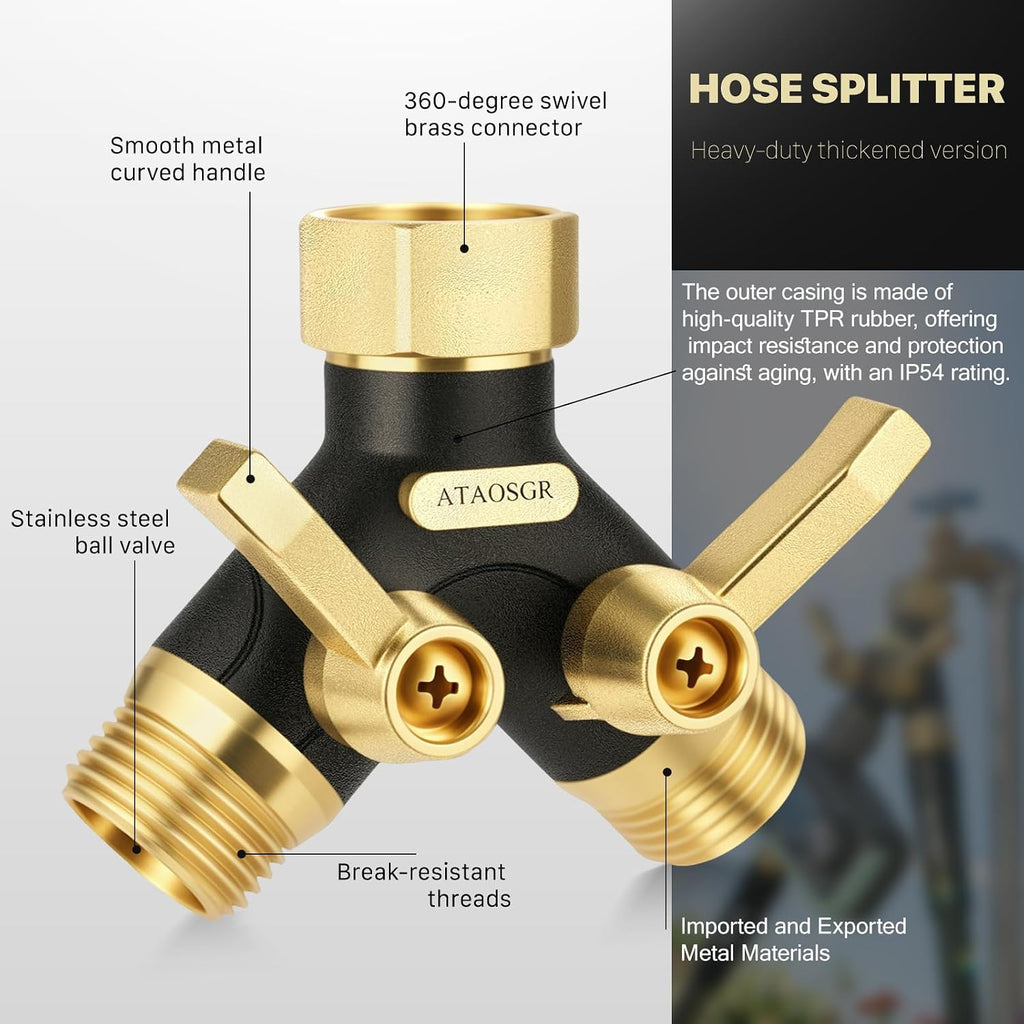 Garden Hose Splitter 2 Way Heavy Duty, Metal Body Water Hose Splitter | with Shut-Off Valve,360° Brass Swivel,3/4'' GHT