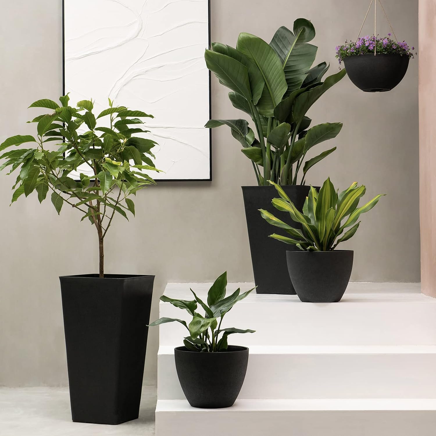 LA JOLIE MUSE Large Hanging Planters for Outdoor Plants, Set of 2, 13 Inch | Black Hanging Baskets with Drainage Holes