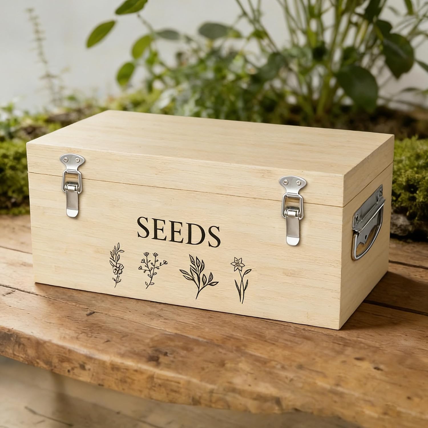 Bamboo Seed Storage Organizer, Large Garden Seed Organizer with Lid & Safety Lock & Handles, Seed Box Includes Seed