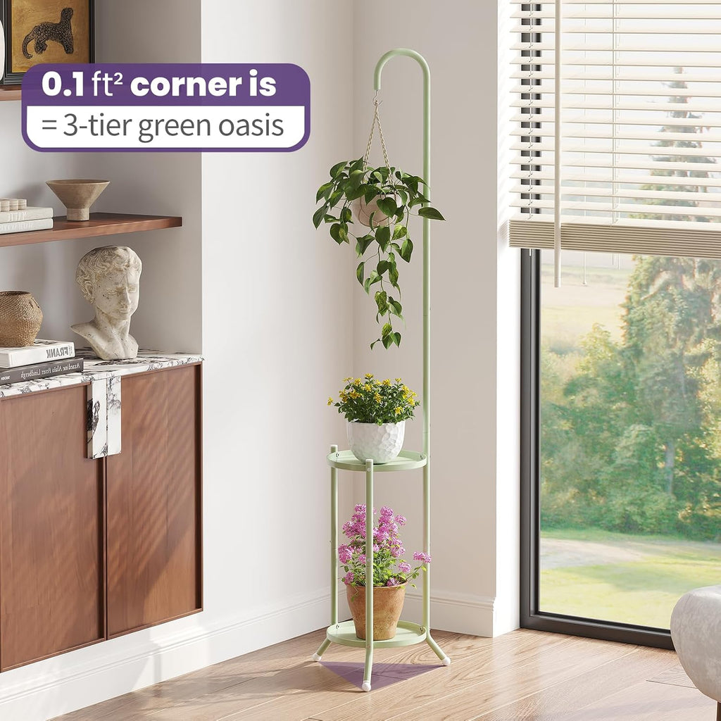2-Tier Metal Plant Stand with Hanging Hook,Green | rustproof iron shelf for indoor/outdoor use. Holds planters, bird