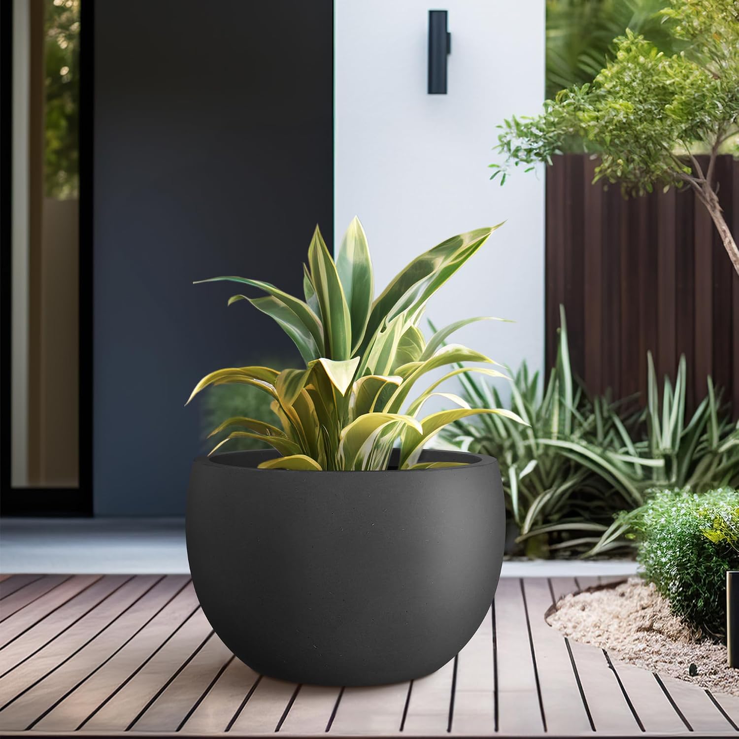 Kante Accent Round Bowl Black Concrete Planter 14.8" Dia, Outdoor | Rubber Plug for Indoor, Drainage for Garden