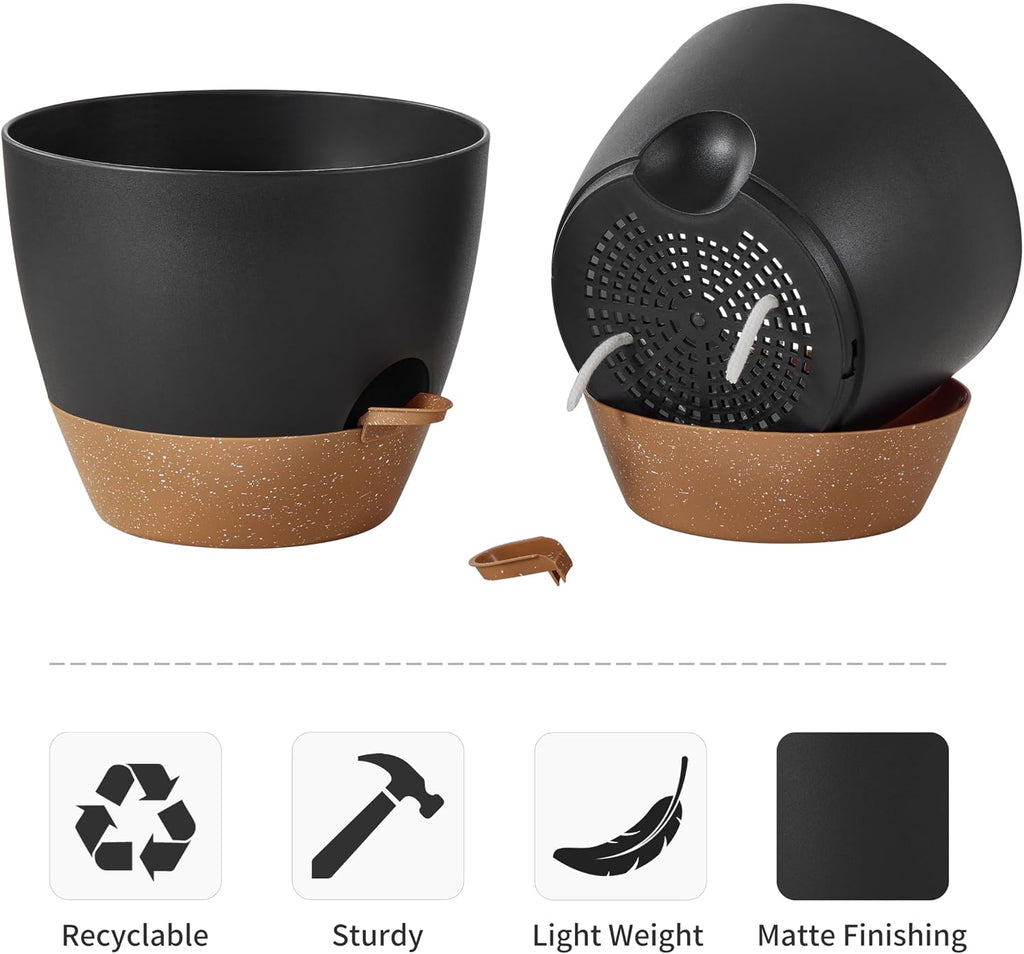 FaithLand 3-Pack Large Planter Pots, 12 10 9 Inch Self Watering Flower Pots for Indoor Outdoor Garden Plants, Black