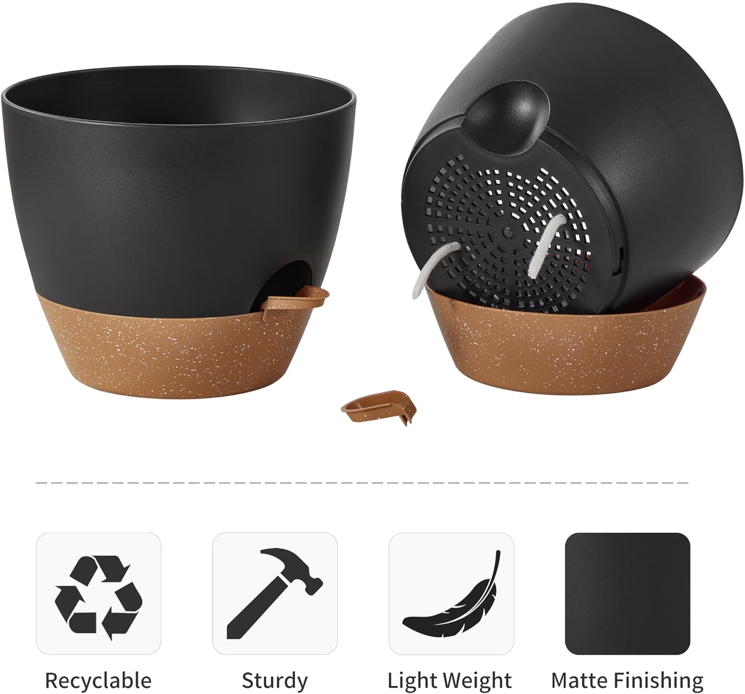 FaithLand 3-Pack Large Planter Pots, 12 10 9 Inch Self Watering Flower Pots for Indoor Outdoor Garden Plants, Black