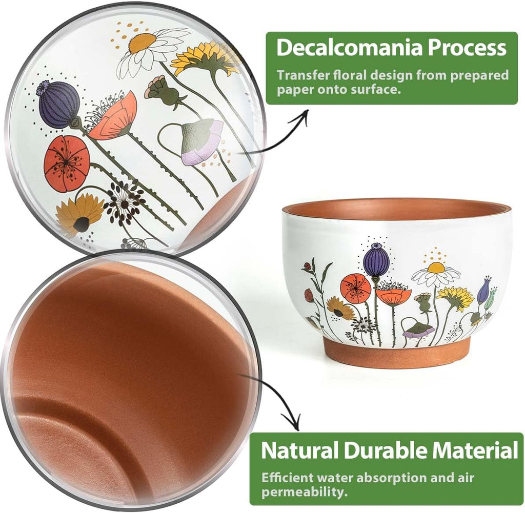 Terracotta Pots, 8+6 Inch Plant Pots, 2 Pcs with Drainage Holes | White & terracotta ceramic planters with botanical