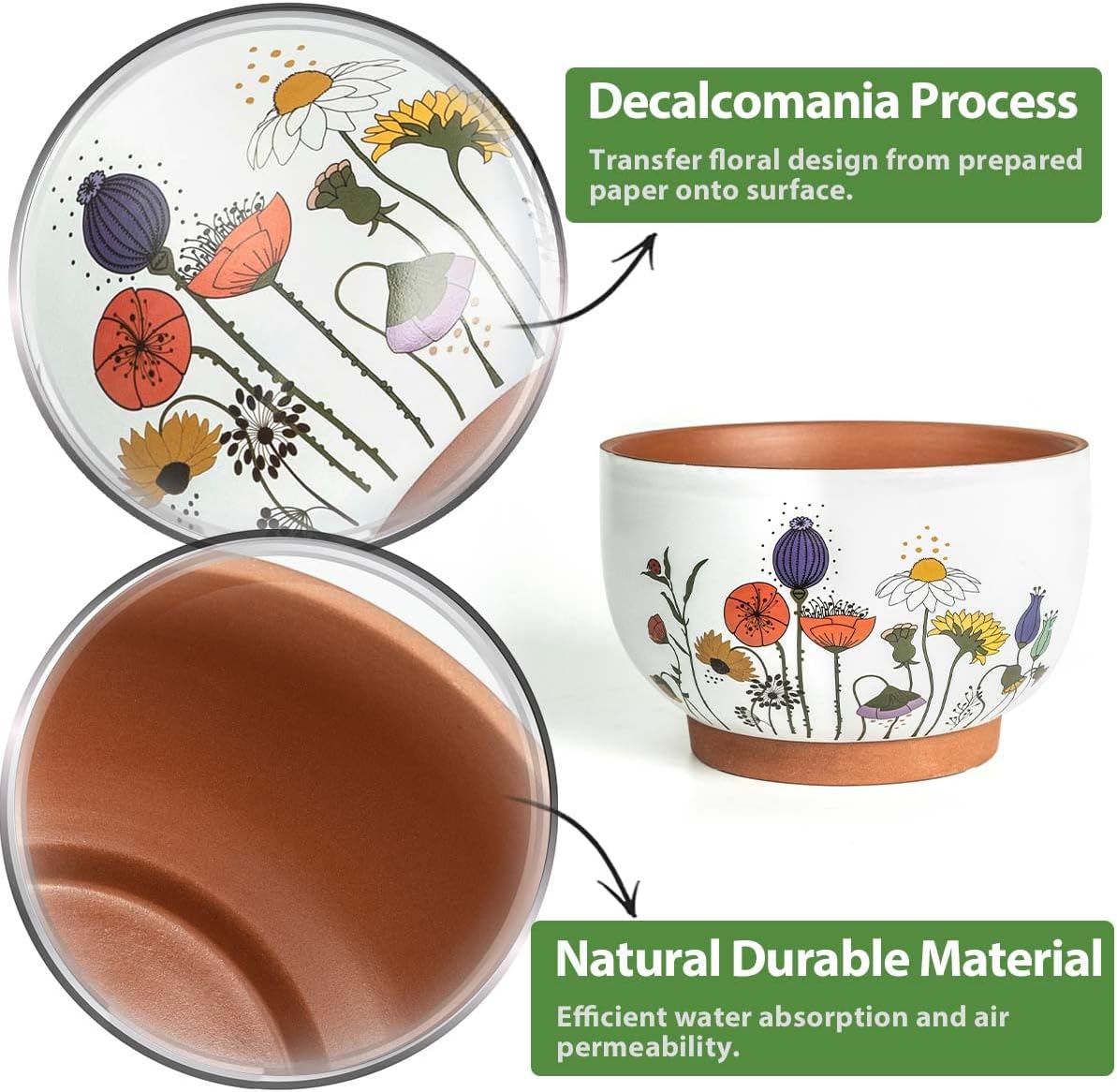 Terracotta Pots, 8+6 Inch Plant Pots, 2 Pcs with Drainage Holes | White & terracotta ceramic planters with botanical