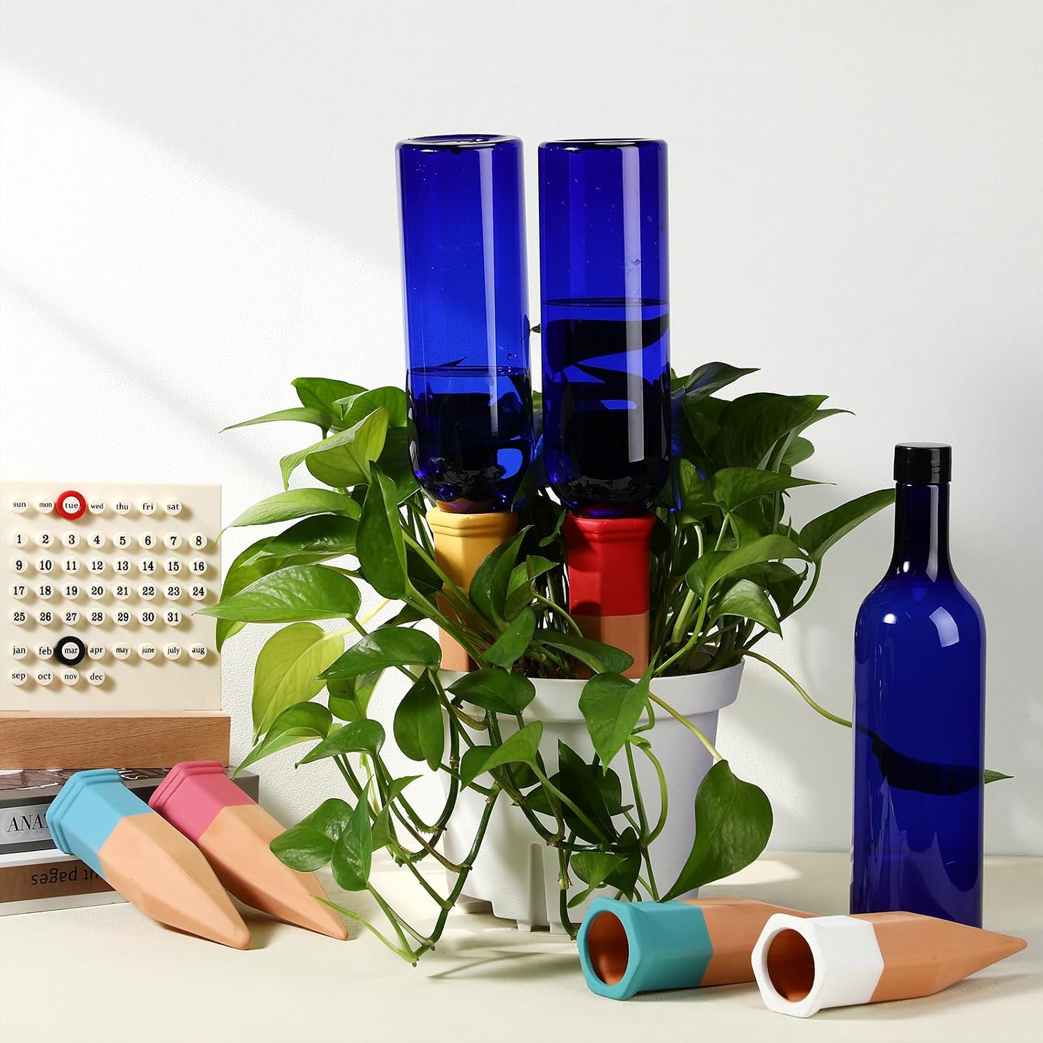 SiliFine 6 Sets Terracotta Watering Spikes,Blue and Mixed Color | 26 oz Bottles for Slow Release Watering, Self