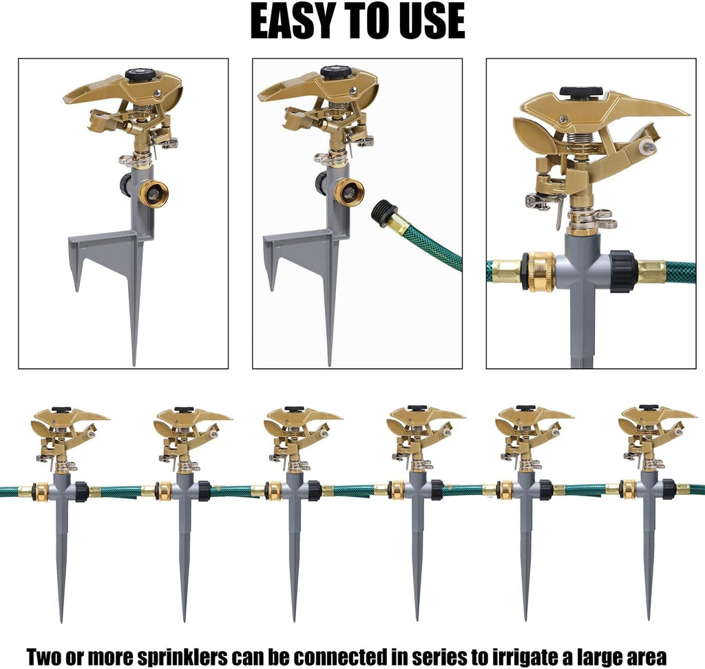 Biswing 2 Pack Impact Sprinklers on Metal Step Spike, Heavy Duty Zinc Alloy Lawn Sprinkler Head on Spike Base