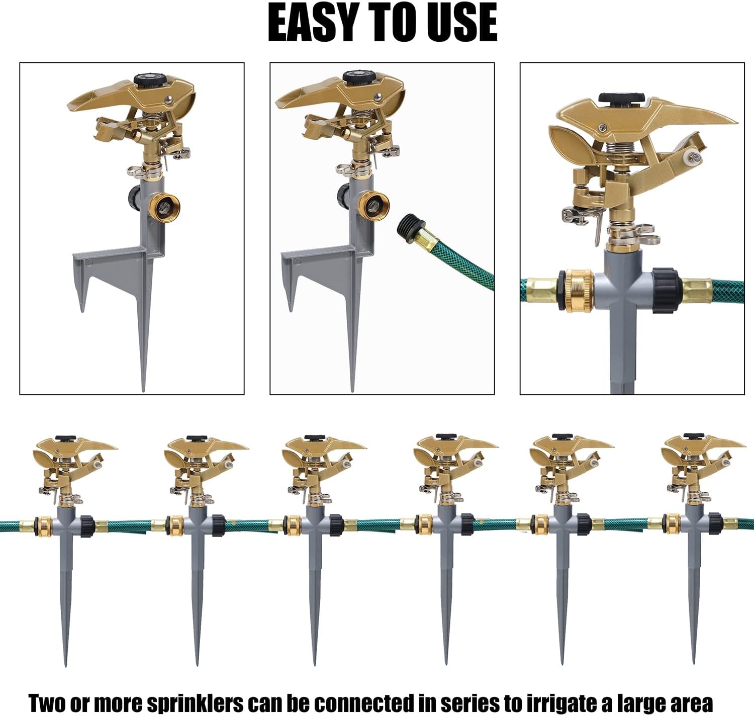 Biswing 2 Pack Impact Sprinklers on Metal Step Spike, Heavy Duty Zinc Alloy Lawn Sprinkler Head on Spike Base