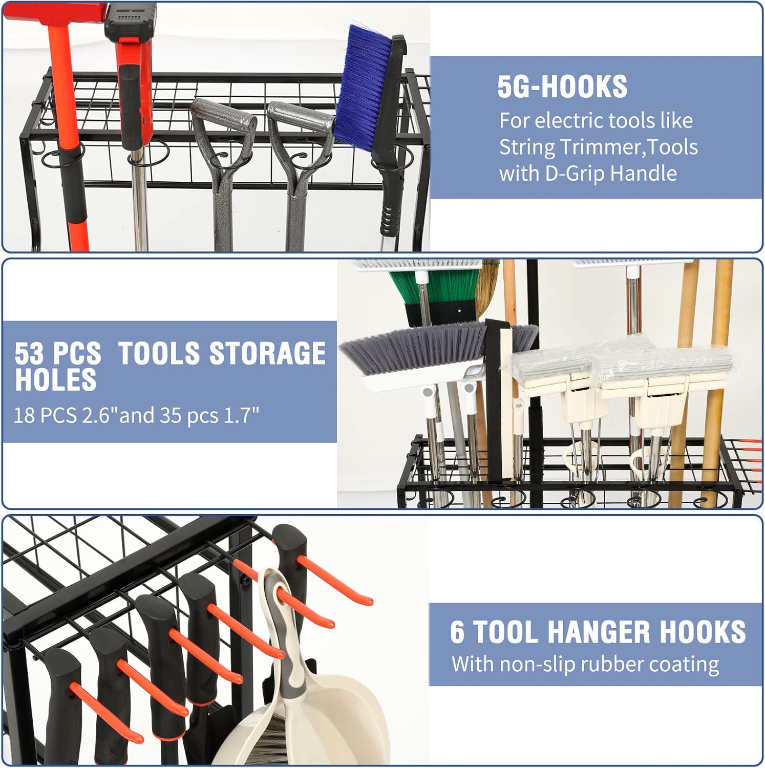 Garden Tool Organizer for Garage, Garden Tool Rack, Up to 58 Long Handled Tools, Yard Tool Holder for Garage, Shed