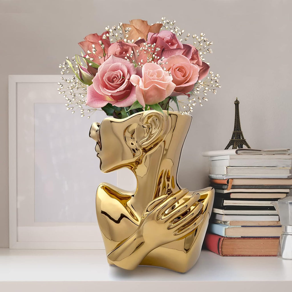 Notakia Gold Head Planter Vase - Ceramic Face Bust Pot for Succulent Plants, Modern Home Decor Indoor Flower Pot, 9.84"