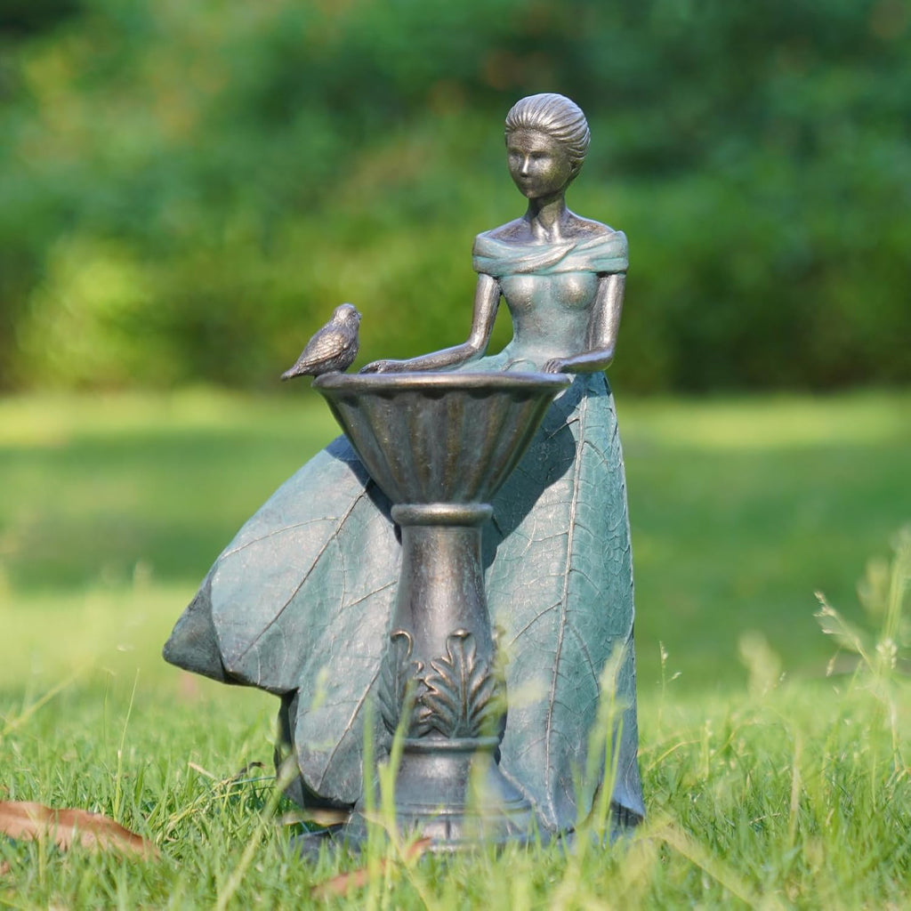 DiliComing Fairy Outdoor Statue Garden Decor with Solar Birdbath 12 Inch | Resin Leaf Girls Birdbath Sculpture