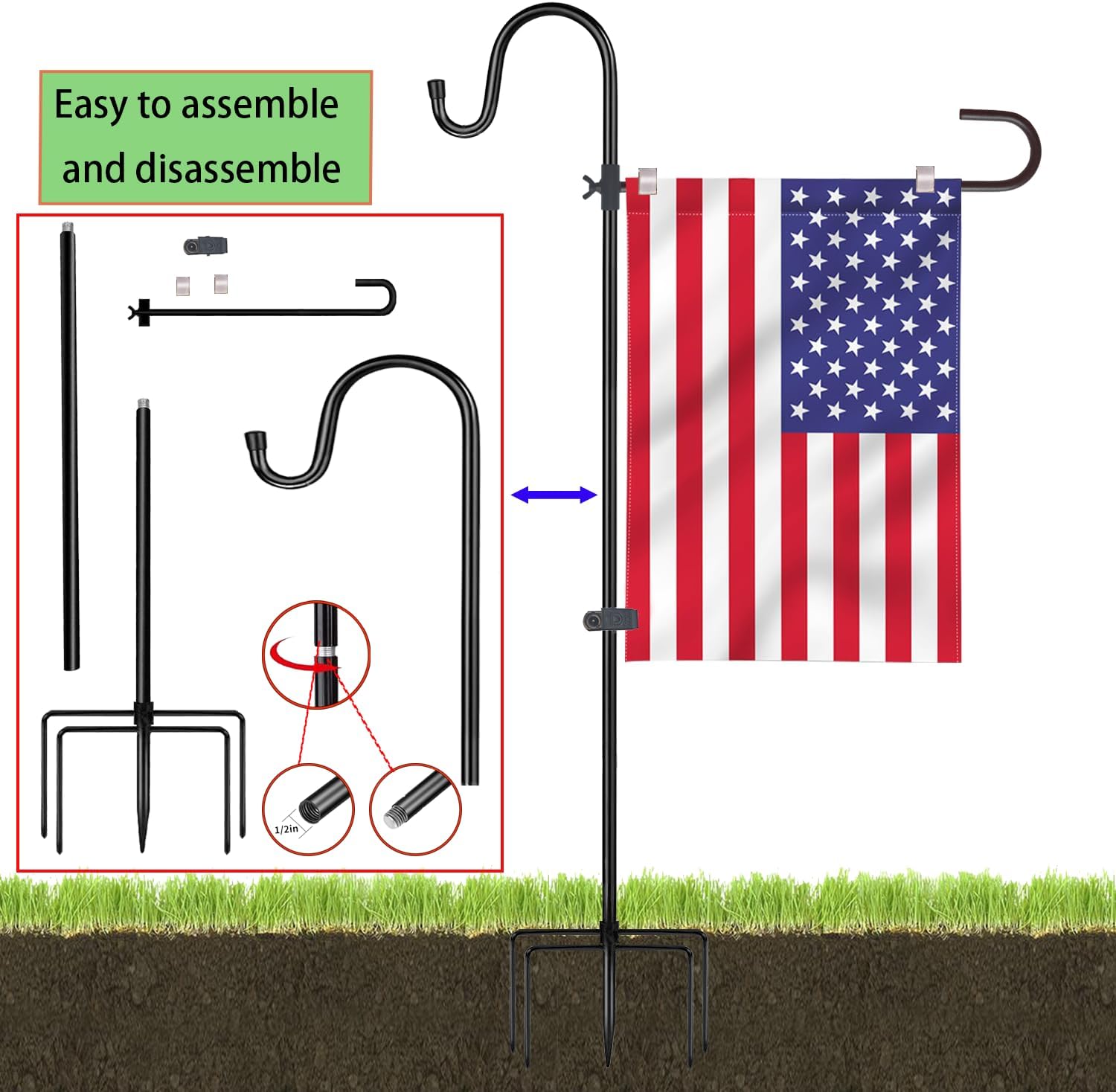Garden Flag Pole Holder, Metal Garden Yard Flag Stand with Shepherd Hook | 46in Heavy Duty Metal Flag Holder