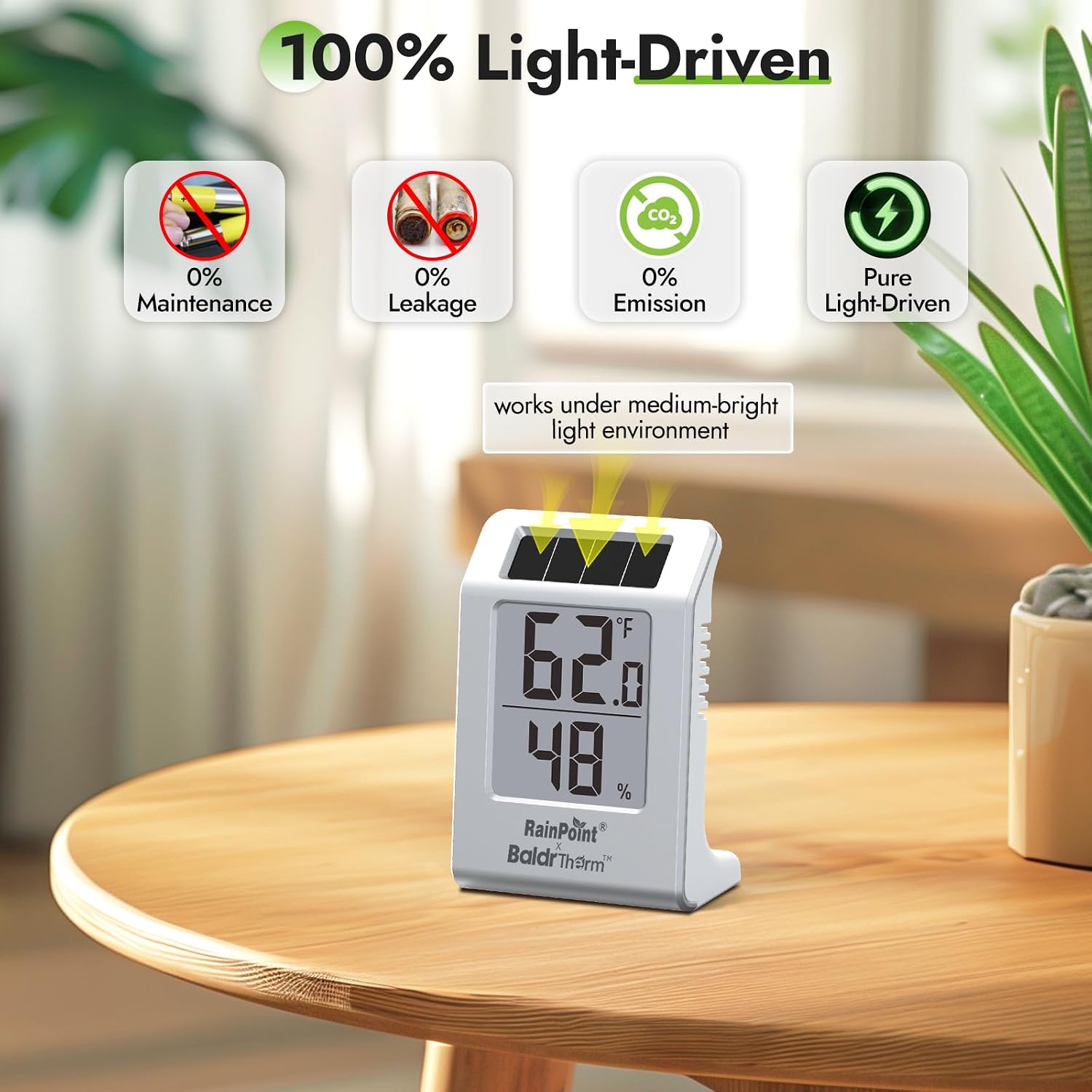 RAINPOINT Light-Driven Thermo-Hygrometer & Smart Digital Wireless Soil Moisture Meter (WiFi Hub Needed) Kit, Real-time