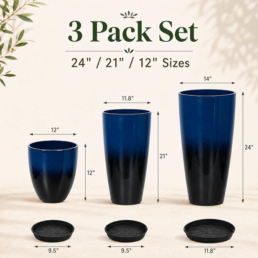 Neoaider Set of 3 Tall Planter, 24/21/12in Large Plastic Planter, Dark Blue | Ceramic-Look, Lightweight, Built-in Drain