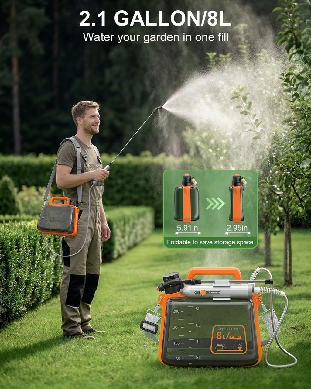2 Gallon Electric Garden Sprayer, Battery Powered Weed Sprayer with Telescopic Wand, 3 Adjustable Nozzles, Garden