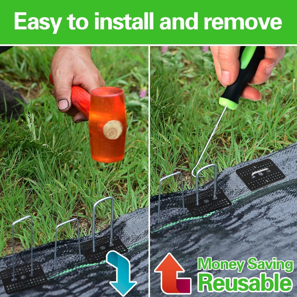 Bakulyor 100 Pcs Landscape Staples + 100 Pcs Gasket, 6 Inch Garden Stakes Staples 11 Gauge U Shaped Galvanized Lawn